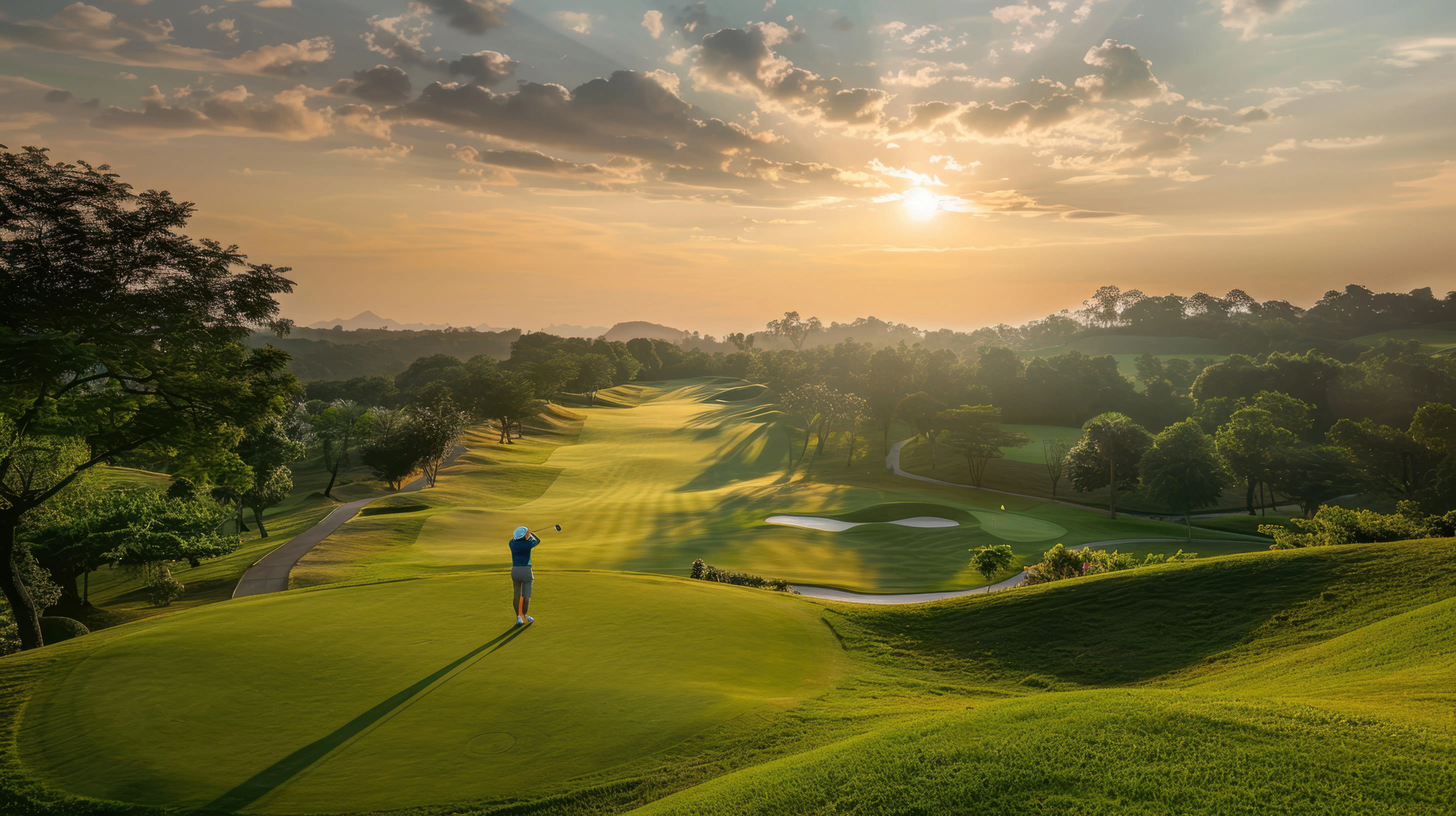 A view of a golf course with the sun setting behind it.