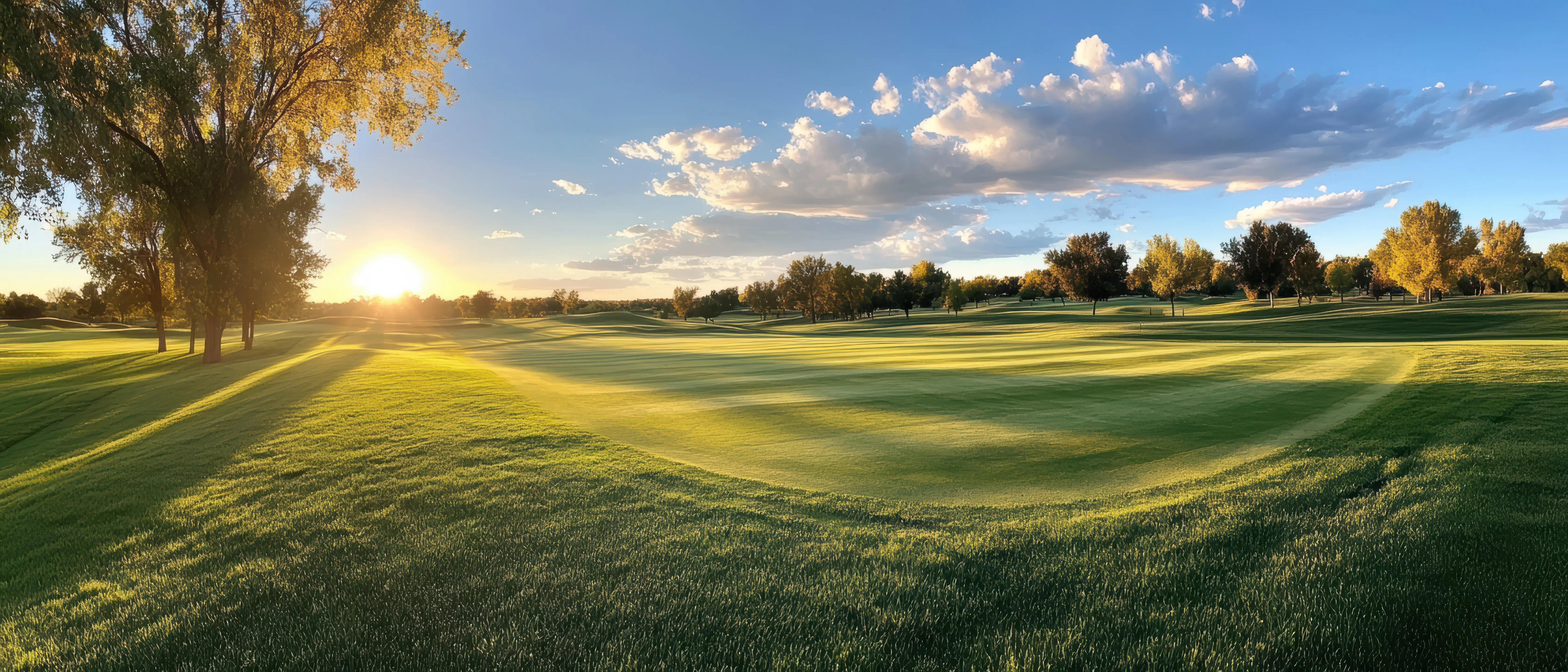 A golf course with an expansive green field and trees in the background.