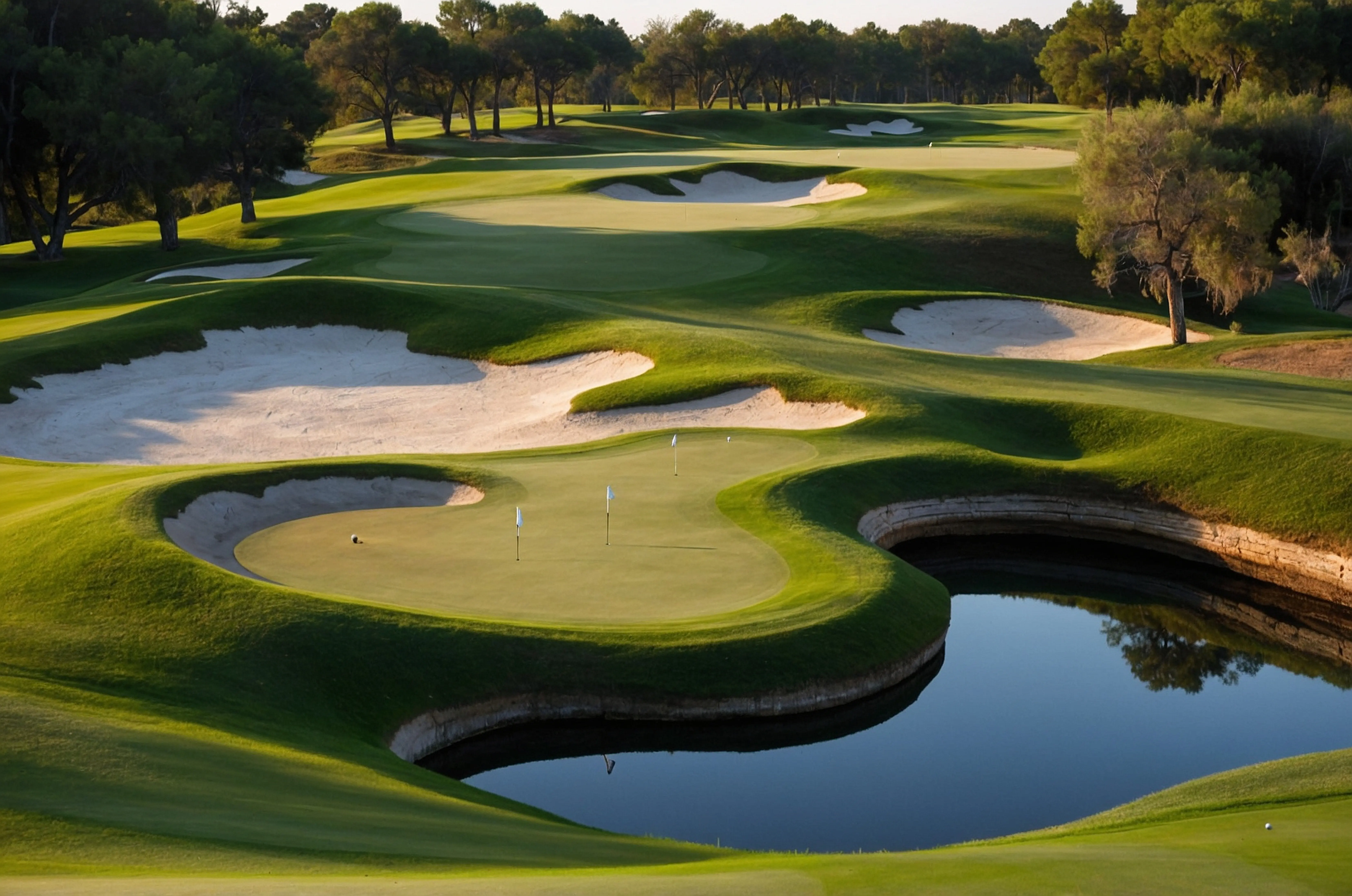 A golf course that includes a golf hole and a hole in the middle of the grass.
