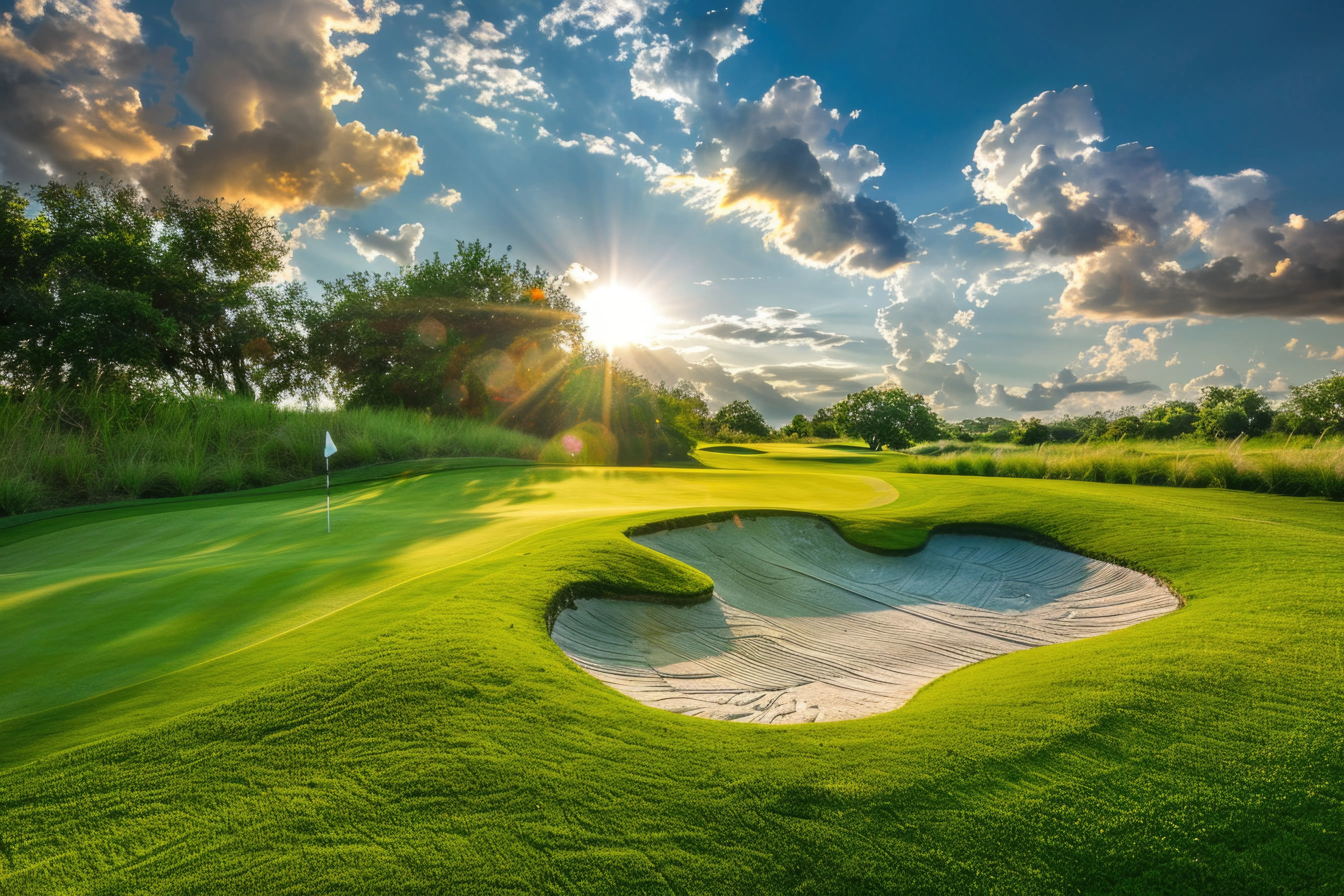A golf course setting with lush green grass and a sand bunker, ideal for a golfing illustration or design.