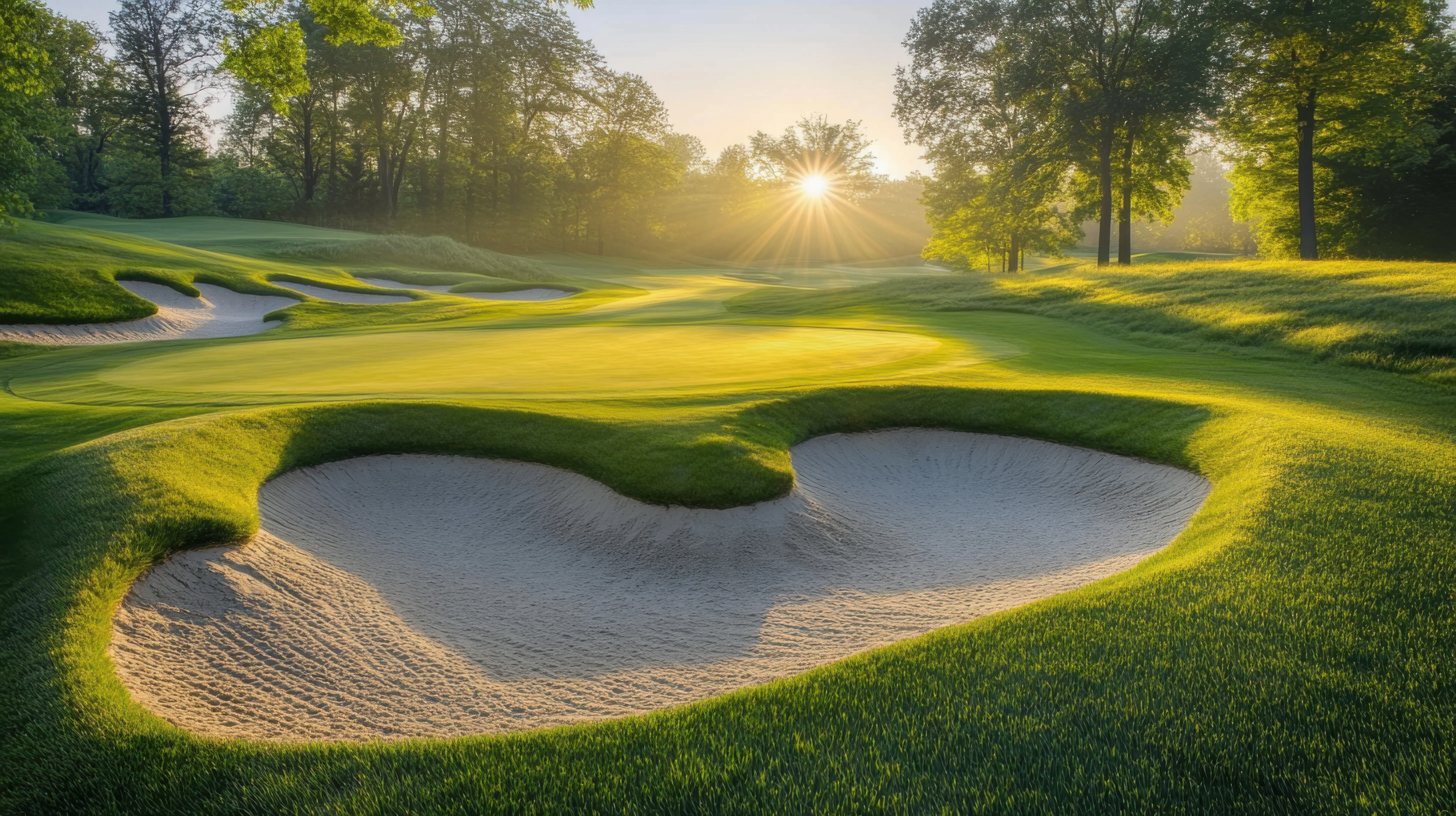 A golf course with immaculately raked sand bunkers illuminated by the first light of day